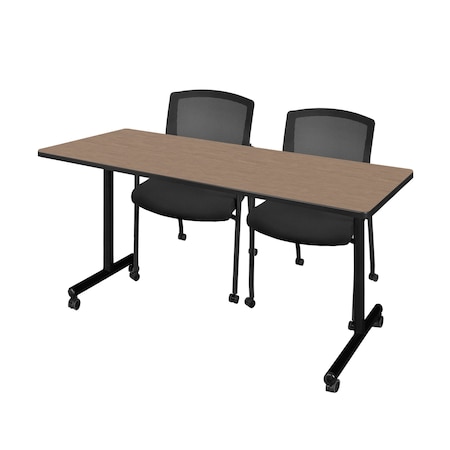 Regency Kobe Mobile T-Base Training Seminar Table W/ 2 Knight Mesh Chairs, 60 in W, 24 in L, Noble Oak MKTRCC6024NO56CBK