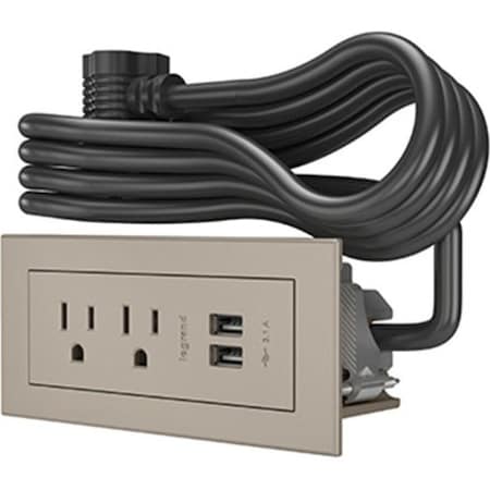 Legrand Outlet Strip, USB, 2 NEMA 5-15P, 5-15P, 6 ft., Nickel RDZNI