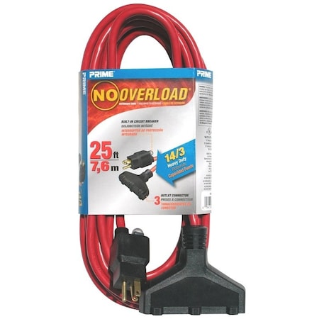 Prime SJTW Extension Cord, 14 AWG, Outdoor, 14/3, 3 Outlets, Red, 25 ft CB614725