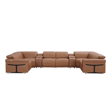 Homeroots Chestnut Italian Leather Power Reclining U Shaped Eight Piece Corner Sectional With Console 634678