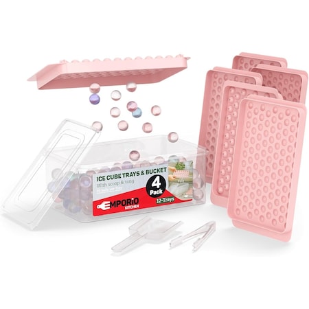 Emporio Kitchen Round Ice Cube Tray Set Pack of 4, BPA-Free, 33 Ice Balls per Tray, Lid & Tongs, Pink EMPICES34PK