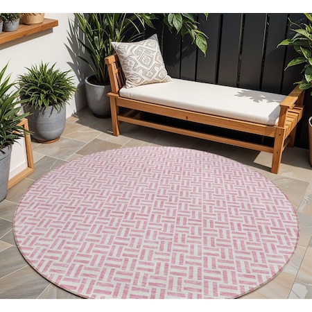 Homeroots 8' Pink And Silver Round Geometric Washable Indoor Outdoor Area Rug 594493