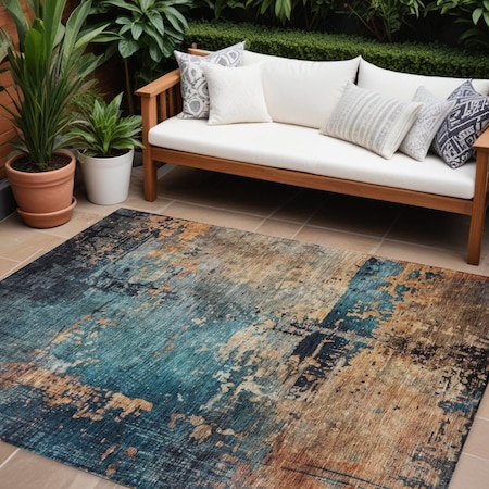 Homeroots 9' X 12' Teal Blue Black And Copper Abstract Washable Indoor Outdoor Area Rug 606078
