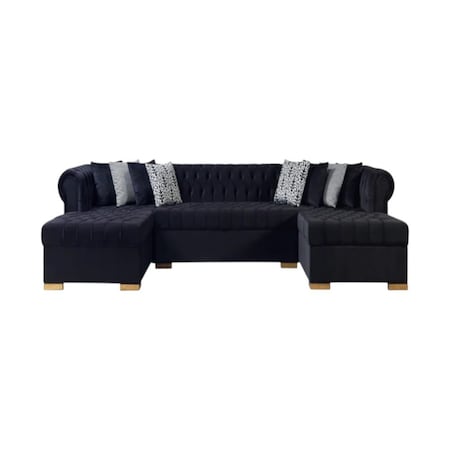 Homeroots Black Velvet U Shaped Three Piece Sofa and Chaise Sectional With Toss Pillows 643889