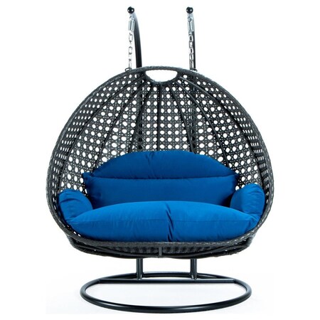Leisuremod Charcoal Wicker Hanging 2 person Egg Swing Chair with Blue Cushions ESCCH-57BU