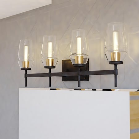 Vaxcel Warren 4 Light Black and Brass Mid Century Modern Bathroom Vanity Wall Fixture Clear Glass W0394