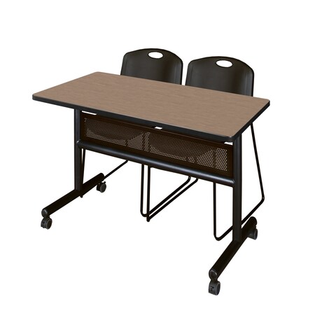 Regency Kobe Flip-Top Privacy Nesting Table W/ 2 Zeng Stack Chairs, 48 in W, 24 in L, Noble Oak MKFTM4824NO44BK