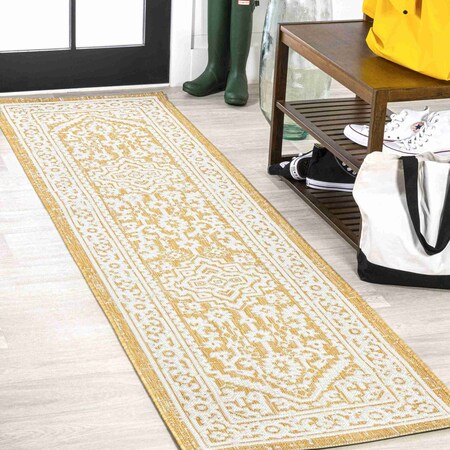 Jonathan Y Sinjuri Medallion Textured Weave Yellow/Cream 2 ft. x 10 ft. Indoor/Outdoor Runner Rug SMB101I-210