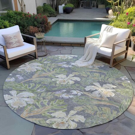 Homeroots 8' Gray Beige And Olive Green Round Botanical Leaves Washable Indoor Outdoor Area Rug 618402
