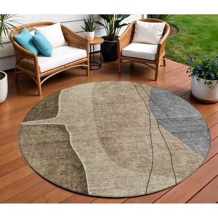 Homeroots 8' Brown Taupe And Beige Round Abstract Washable Indoor Outdoor Area Rug 582004