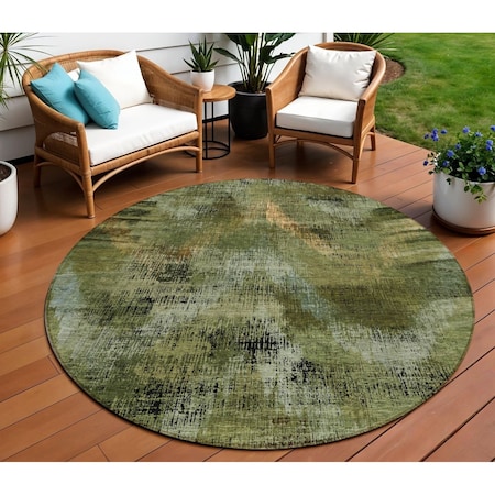 Homeroots 8' Olive Green And Gold Round Abstract Washable Indoor Outdoor Area Rug 587142