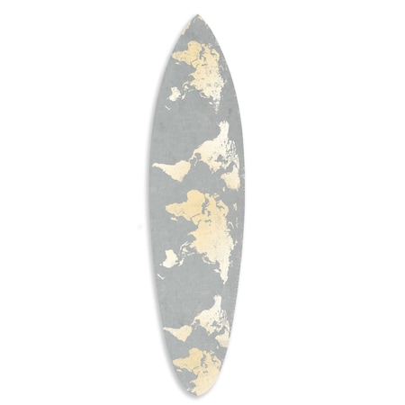 Homeroots 76" X 18" X 1" Grey And Gold World Map Surfboard Wall Art 370400