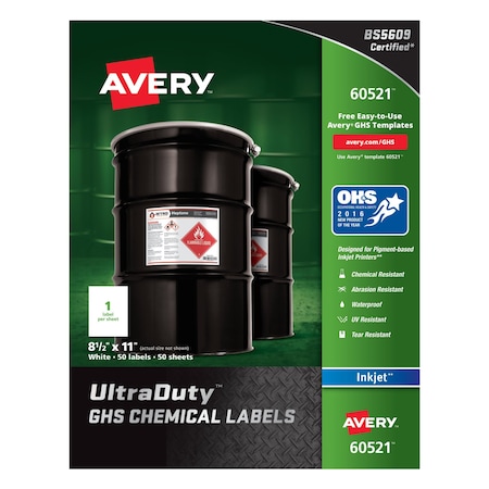 Avery 8-1/2" x 11" GHS Chemical Labels for Inkjet Printers, 50 labels/50-sheets 7278260521