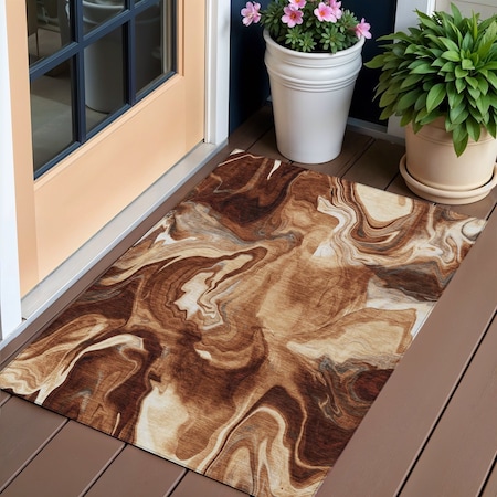 Homeroots 3' X 5' Orange Copper And Ivory Abstract Washable Indoor Outdoor Area Rug 587482