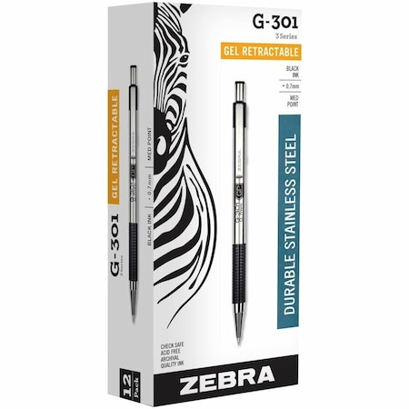 Zebra Pen G-301 Gel Retractable 0.7mm Black Dozen 41310