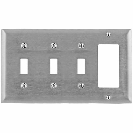 Hubbell Wiring Device-Kellems Wallplates and Boxes, Metallic Plates, 4- Gang, 3) Toggle 1) GFCI Openings, Standard Size, Stainless Steel SS326