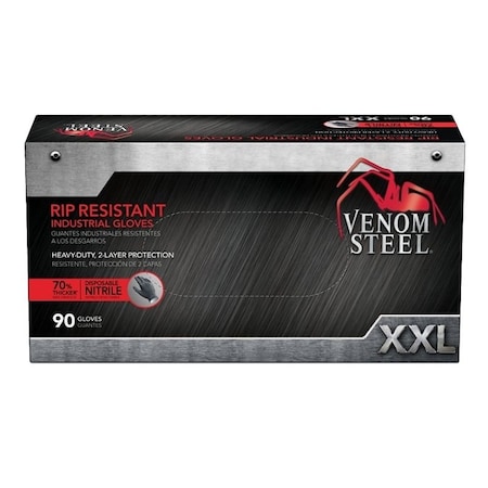 Venom Steel 614N, Disposable Gloves, 6 mil Palm, Nitrile, Powder-Free, 2XL, Black VEN6146N