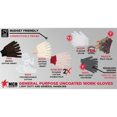 Mcr Safety Gloves, Cotton, Brn, Large, 8 oz., PK12 8000I