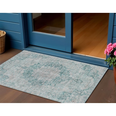 Homeroots 3' X 5' Teal Blue Floral Medallion Washable Indoor Outdoor Area Rug 607944