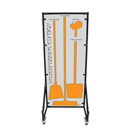 5S Supplies 5S Housekeeping Shadow Board Broom Station Version 7 - Gray Board / Orange Shadows With Broom HSB-V7-GRAY/ORANGE-KIT