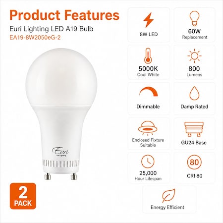 Euri Lighting A19 LED Bulbs, 8W, 800 lm, 60W Eq., 5000K, GU24, Dimmable, UL, 2PK EA19-8W2050eG-2