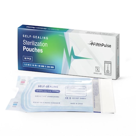 Fifthpulse Self-Sealing Sterilization Pouches 3.5in x 10in, w/ Protective Strip & Color Indicator, 50PK FMN100679