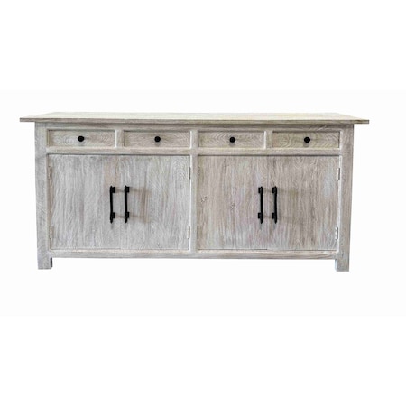 Homeroots 79in White Distressed Solid Wood Paneled Four Drawer Sideboard with Four Doors 634327