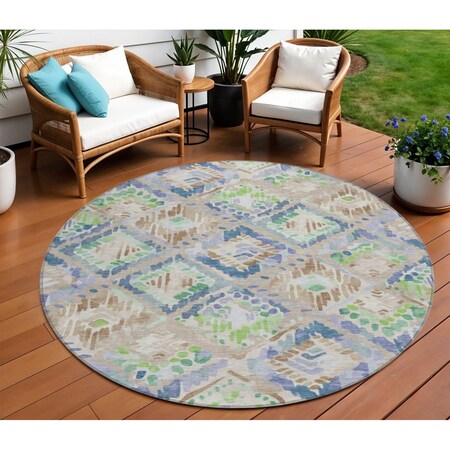 Homeroots 8' Beige Blue And Green Round Geometric Washable Indoor Outdoor Area Rug 609120