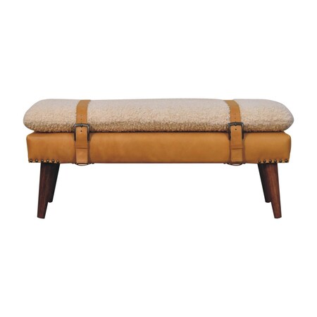 Homeroots 35in Brown Genuine Leather and Solid Wood Upholstered Storage Bench With Cabinet 717471