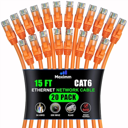 Maximm Cat6 Ethernet Cable 15ft 10Gbps 550MHz UTP, 20PK, Orange, 20PK CAT6CCA-15OR-20PK