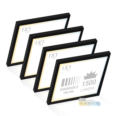 Nuwatt 1x1 LED Square Flat Surface Mount Panel Light, Dimmable, 2700K-5000K, 1500LM, Black Trim, 4PK NW-SM-1X1-18W-5CT-BLK-4P