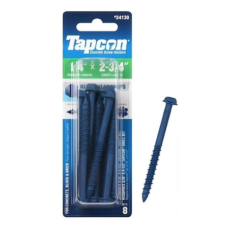 Tapcon Concrete Screw Anchor, 1/4 in Dia, 2-3/4 in L, Steel, Climaseal, 8/PK, 8PK 24130