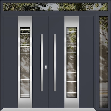 Vdomdoors Metal Double Doors Deux 1744 Natural Oak Frosted Glass 1 Sidelight and Top Transom Entry Modern Pai DEUX1744DEXD-OAKB-W72+12xH80+12-LH-O