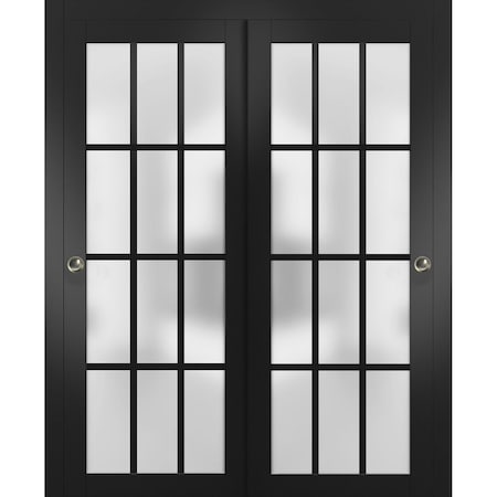 Sartodoors Sliding Closet 12 Lites Bypass Doors, Felicia 3312, Sturdy Rails Moldings Trims Hardware Set, Woo FELICIA3312DBD-BLK-6484
