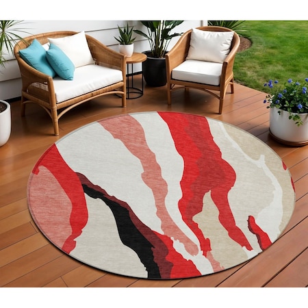 Homeroots 8' Red Black And Beige Round Abstract Washable Indoor Outdoor Area Rug 600998