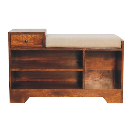 Homeroots 35in Beige and Brown Linen and Solid Wood Upholstered Storage Bench With Shoe Storage 723439