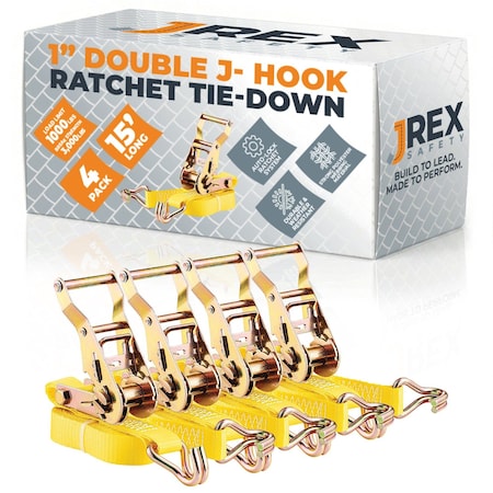 Jrex Safety 4PK HD Ratchet Straps with Double J Hooks, Yellow 1 in x 15 ft Tie Downs RTD115-JR-DJH-4PK