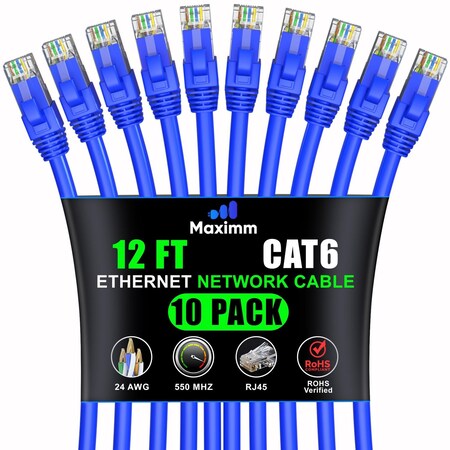 Maximm Cat6 Ethernet Cable 12ft 10Gbps 550MHz UTP, 10PK, Blue, 10PK CAT6CCA-12BL-10PK