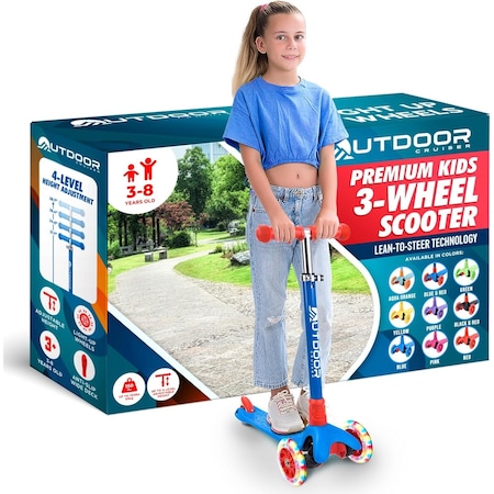 Outdoorcruiser Outdoor Cruiser 3-Wheel Kids Scooter, Lean-to-Steer, LED Wheels, Adjustable T-Bar, Blue/Red OCKSRB684
