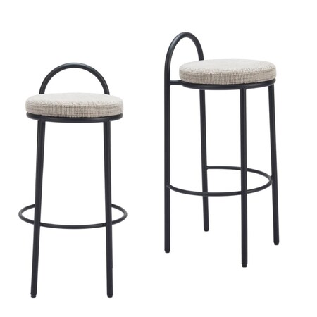 Homeroots Set of Two 30" Beige and Black Chenille and Steel Low Back Bar Height Bar Chairs, 2PK 555725