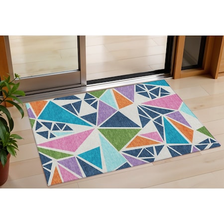 3' X 5' Dark Blue Green And Pink Geometric Washable Indoor Outdoor Area Rug