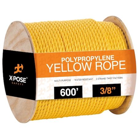 Xpose Safety 600 ft Twisted Poly Rope, 3/8, Yellow Floating Poly Pro Cord YPR38-600-X