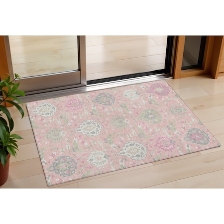 Homeroots 3' X 5' Pink Ivory And Gray Damask Washable Indoor Outdoor Area Rug 599442
