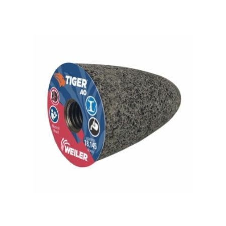 Weiler Tiger Grinding Cone, 2 in dia x 3 in Thick x 5/8 in-11 Arbor, 24 Grit, Aluminum Oxide, Type 16, 12, 12PK 804-68310