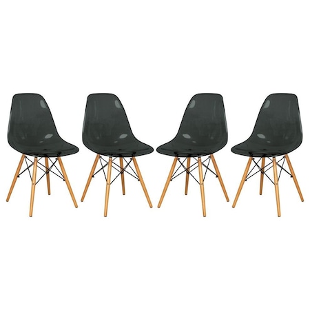 Leisuremod Dover Plastic Dining Side Chair with Wooden Legs, Transparent Black, 4PK EP19TBL4