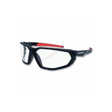 Jackson Safety Hyperguard Safety Glasses, Clear, Polycarbonate, Hard Coated, Black Full Frame, Red Temple 138-45100