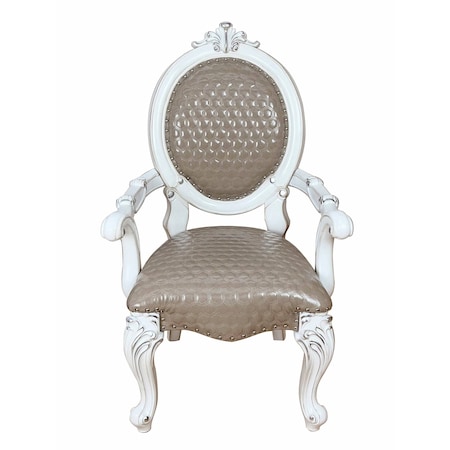 Homeroots Gray and White Upholstered Faux Leather And Solid Wood King Louis Back Dining Arm Chairs, 2PK 573422