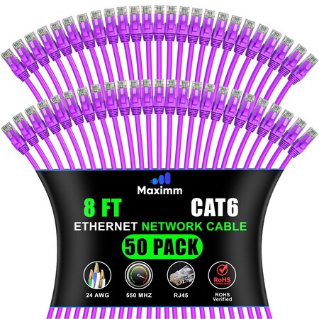 Maximm Cat6 Ethernet Cable 8ft 10Gbps 550MHz UTP, 50PK, Purple, 50PK CAT6CCA-8PU-50PK