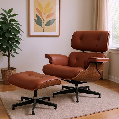 Homeroots 27" Brown and Light Brown Tufted Genuine Leather Swivel Lounge Chair With Ottoman 636226