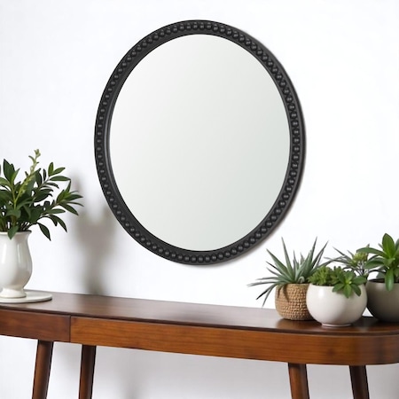 Homeroots 30" Black Solid Wood Round Accent Mirror 607307